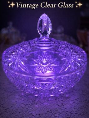 Vintage Clear Cut Glass Candy Dish w Lid Starburst Fairy Lamp Style